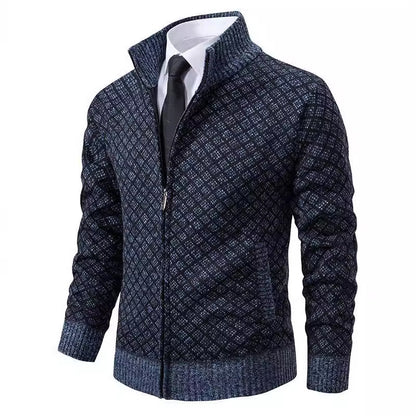 Velvet thickened casual stand up collar hooded zipper knitted jacket