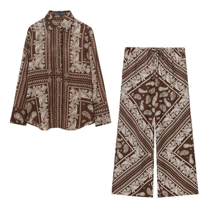 Women's Clothing Printed Vacation Casual Shirt + Long Pants Set