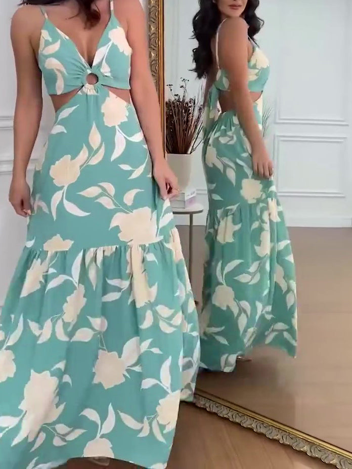 Mouwloze jurk met resortprint en uitsparingen