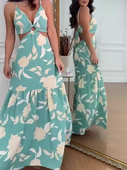 Mouwloze jurk met resortprint en uitsparingen