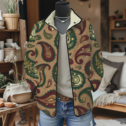 Women's Pleated Floral Digital Print Cotton Jacket Long Sleeve Stand Collar Outerwear