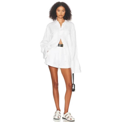 Los overhemd met lange mouwen en hoge taille wijde pijpen shorts