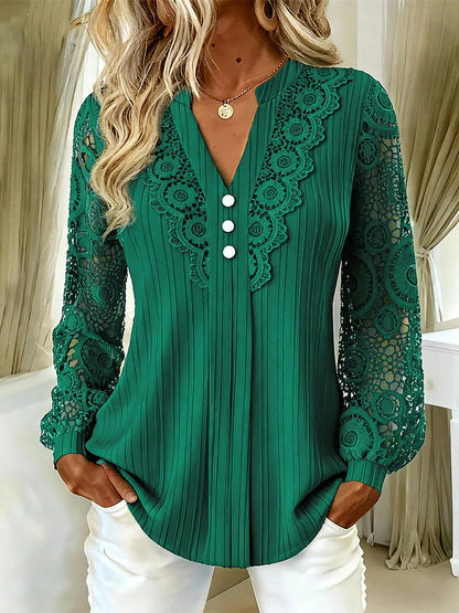Women Solid Color V-Neck Lace Blouse Long Sleeve Slim Fit Shirt