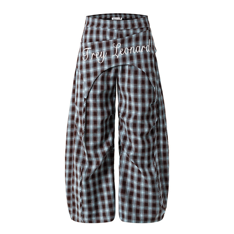 Losse wijde geruite broek met hoge elastische taille