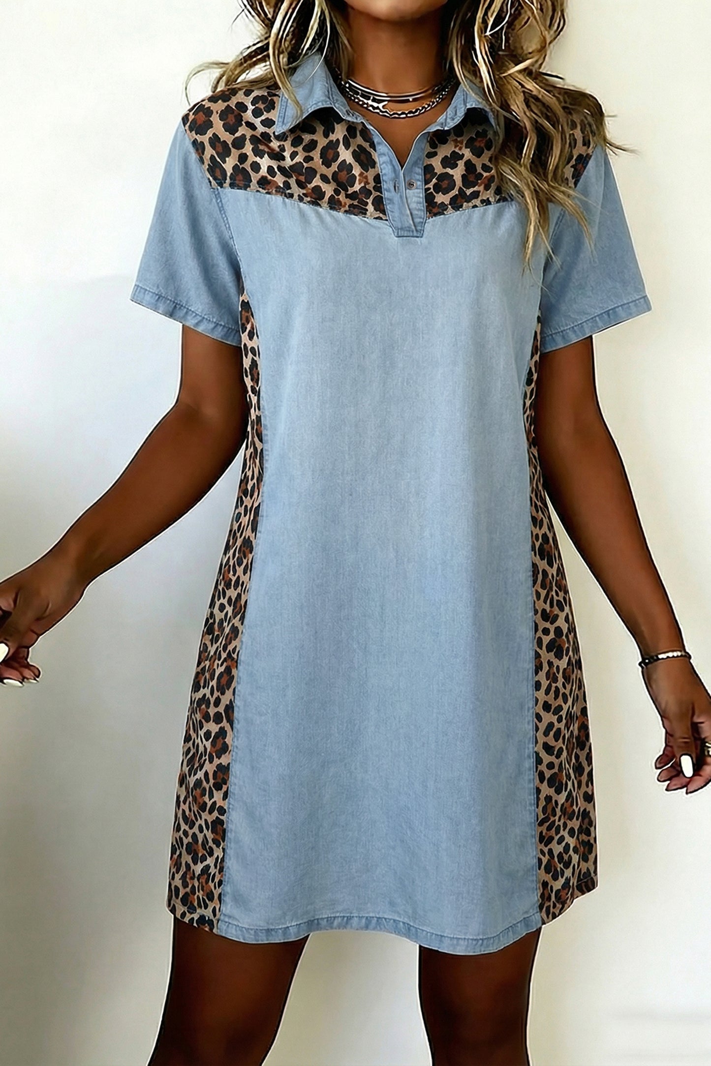 Myosotis Denim Color Block Leopard Patchwork Shirt Collar Mini-jurk