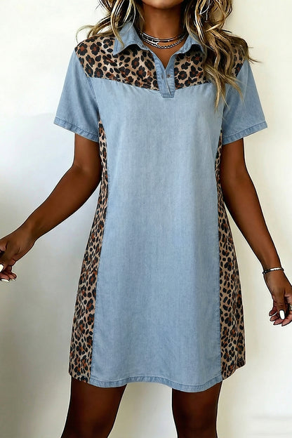 Myosotis Denim Color Block Leopard Patchwork Shirt Collar Mini-jurk