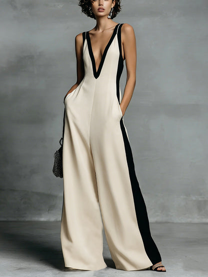 Fashion Color-block Sleeveless V-neck Wide-leg Jumpsuit for Women
