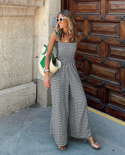 Summer Temperament Women's Trousers Plaid Jumpsuit Mid-Waist Casual Pants