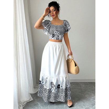 Elegante zomerset met print en A-lijn maxi-rok voor dames