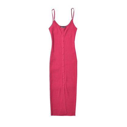 Summer Single Breasted Rib Knitted Dress Women Spaghetti Strap Midi Split Dresses
