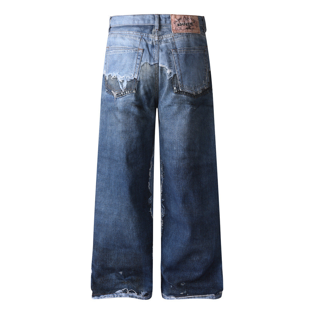Color blocked digital printed wide leg jeans