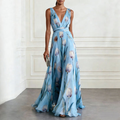 Elegant Tulip Print Evening Dress for Women Sleeveless V-Neck Chiffon Long Dress