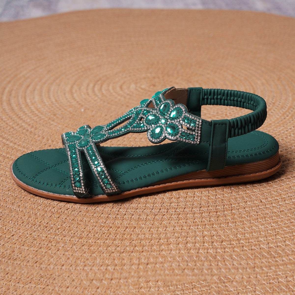 Bohemian Rhinestone Floral Flat Sandals