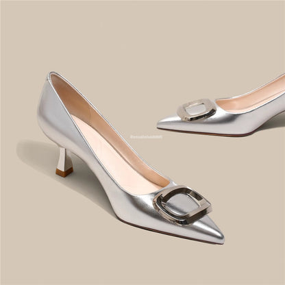 French Square Buckle Pointed Toe Stiletto Heels