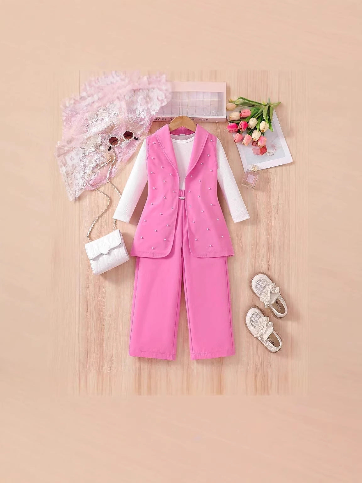 Girls' three-piece set: pink beaded blazer