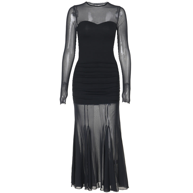 Black long sleeved mesh elegant spicy girl dress