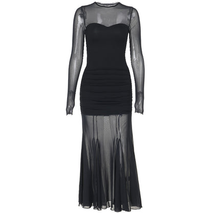 Black long sleeved mesh elegant spicy girl dress