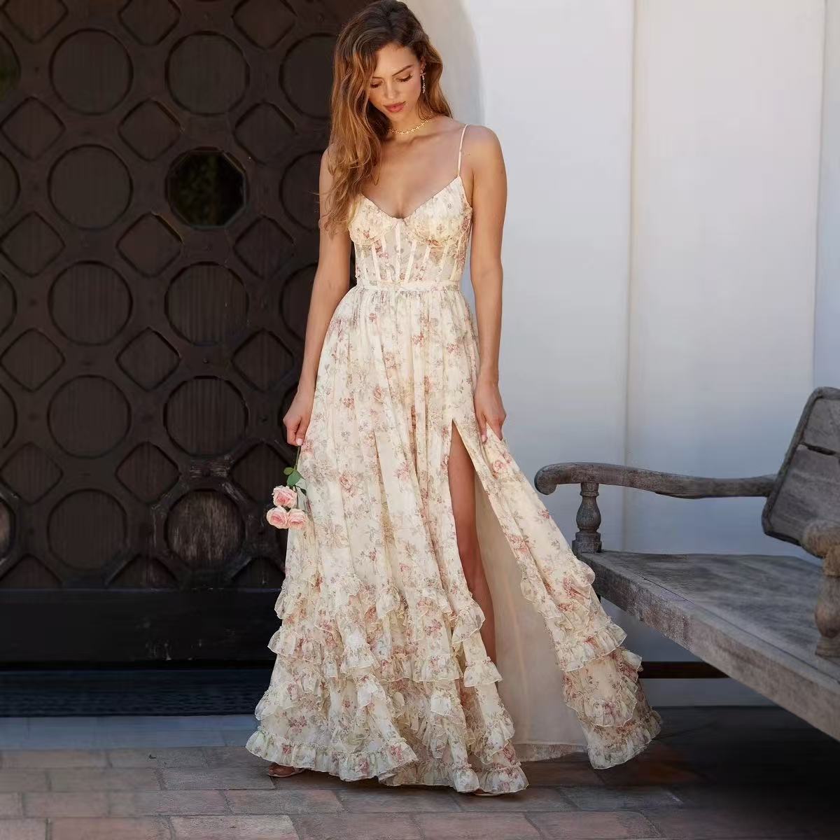 Maxi-jurk van chiffon met bloemenprint split ruches en strikbandjes op de rug