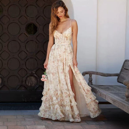 Maxi-jurk van chiffon met bloemenprint split ruches en strikbandjes op de rug