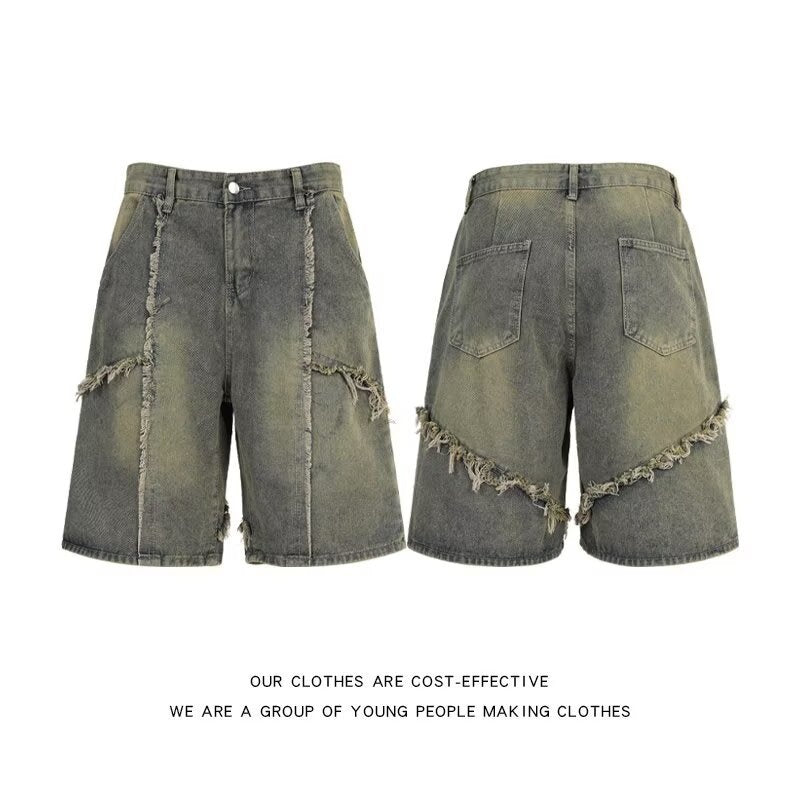 Tassel washed denim summer retro high-end five quarter pants