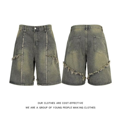 Tassel washed denim summer retro high-end five quarter pants