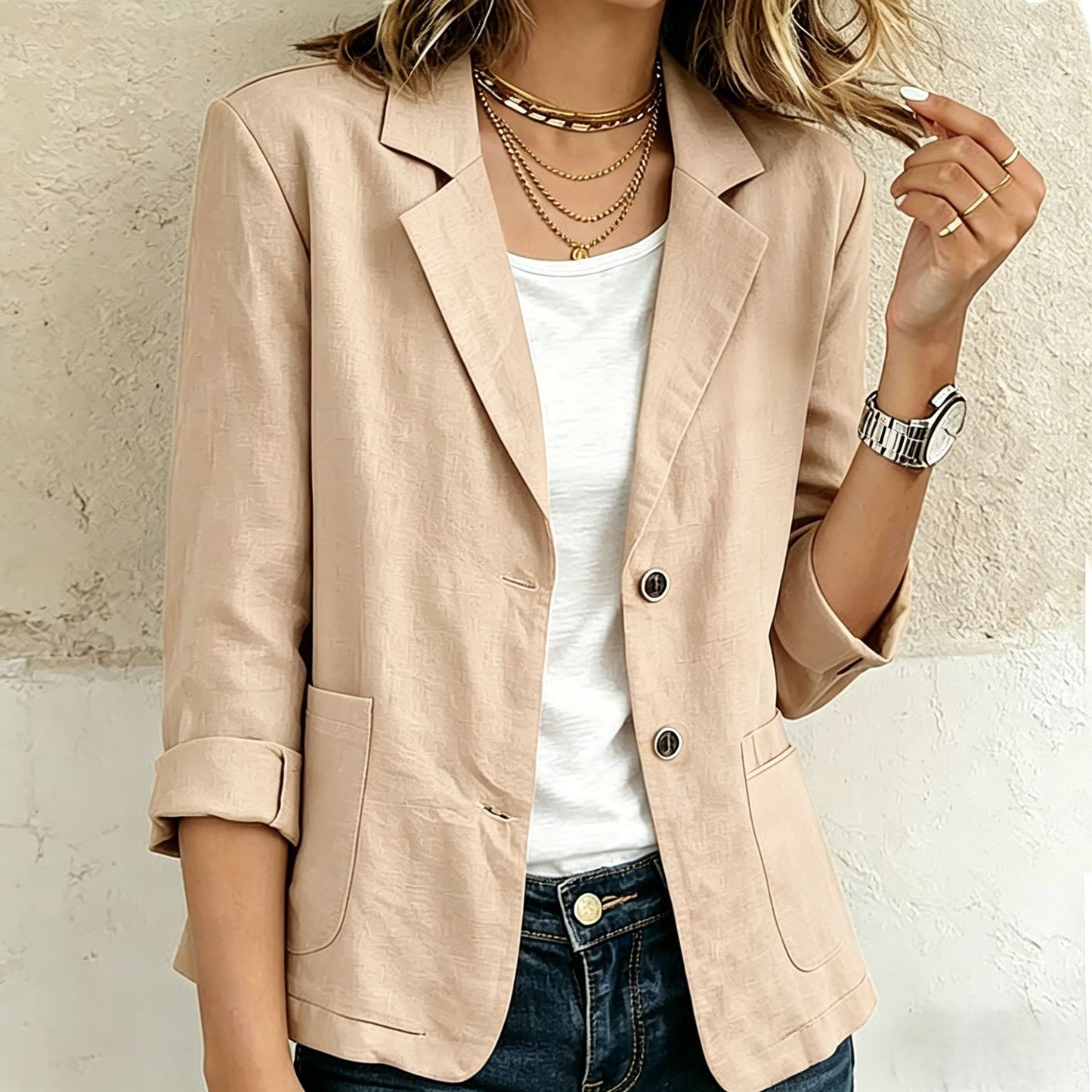 Womens Buttoned Long Sleeve Linen Blend Jacket