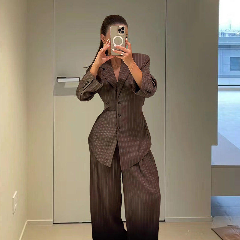 Striped Blazer and High-Waisted Pants Set