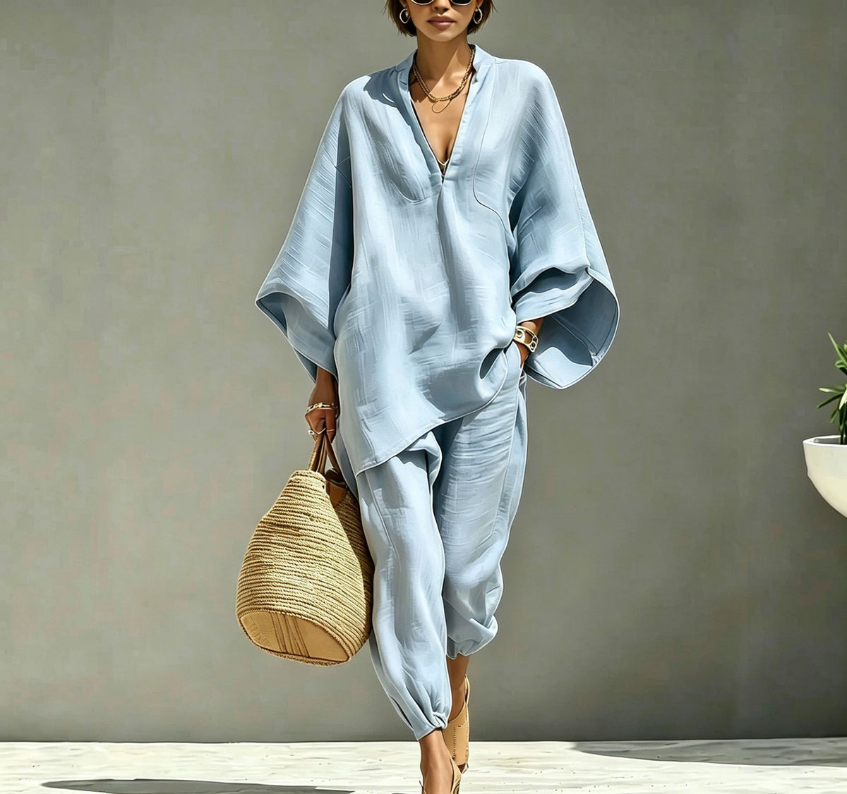 Women Casual Batwing Sleeve V-Neck Linen Blend Suit