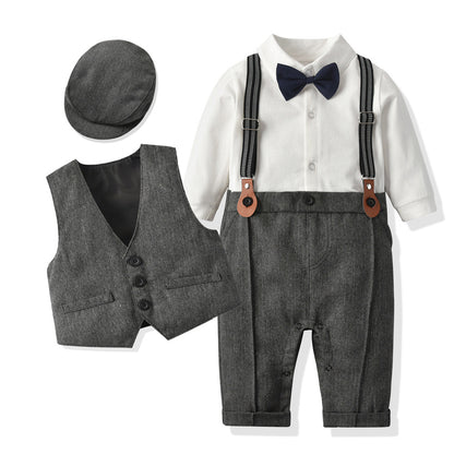 Boys Gentleman Suspender Romper Vest Set Short Sleeve Bow Tie Casual Two Piece Outfit