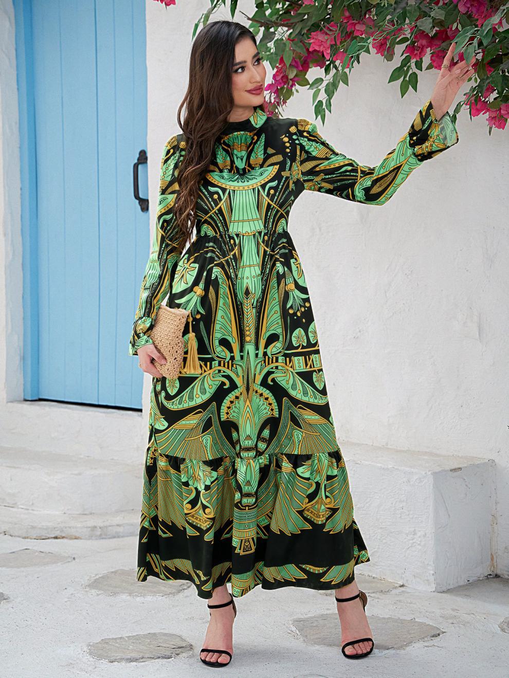 Summer New Middle Eastern Casual Fashion Women's Round Neck Positioning Printed Long Sleeve Long Skirt