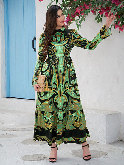 Summer New Middle Eastern Casual Fashion Women's Round Neck Positioning Printed Long Sleeve Long Skirt