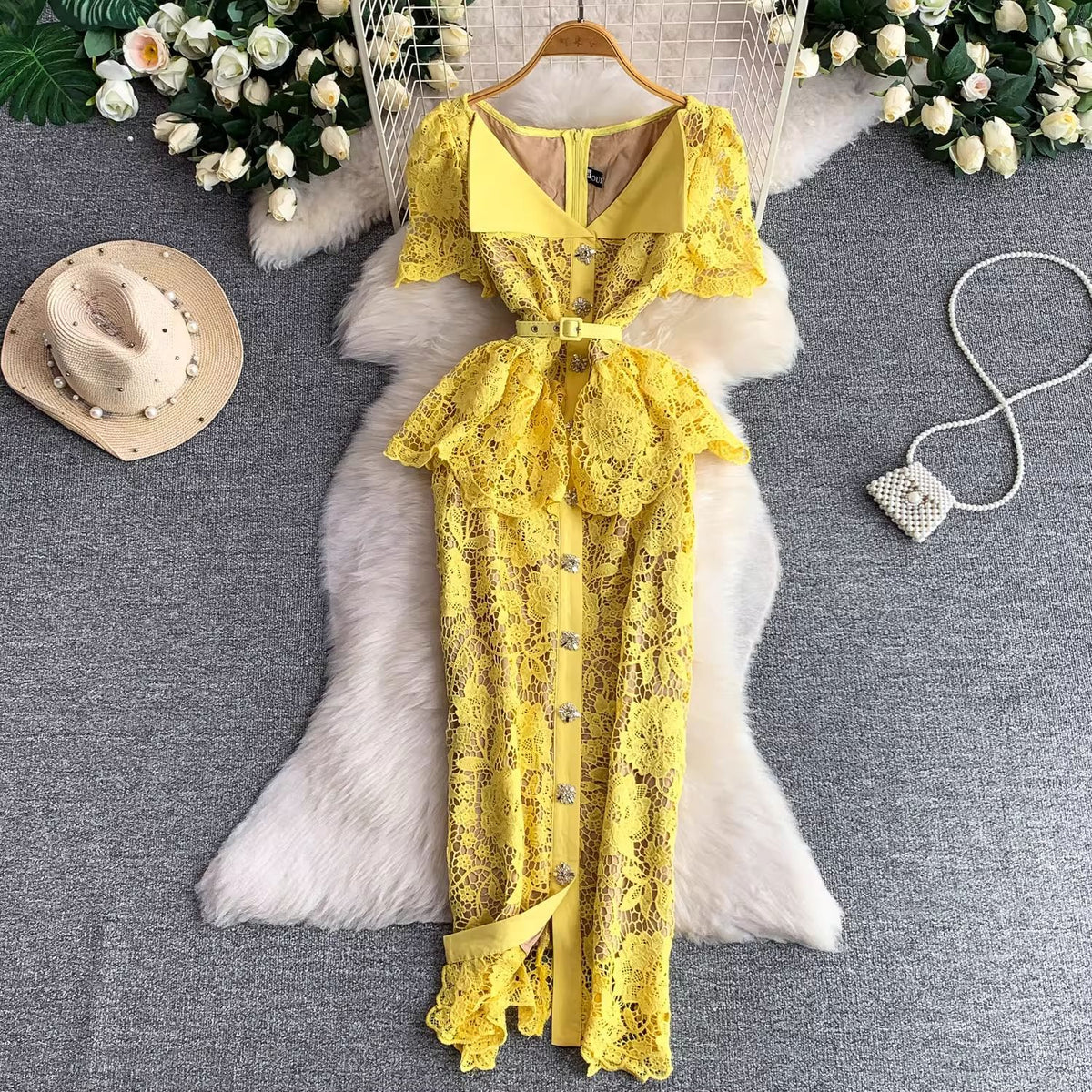 French-Style Hollow Lace Women Dress