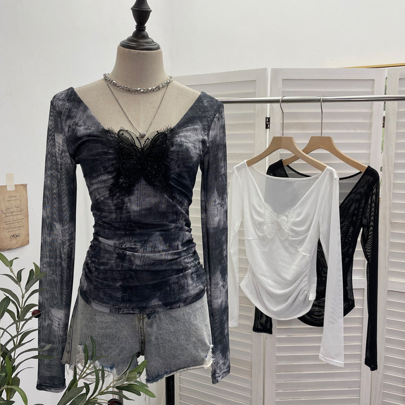 Lace butterfly V-neck top