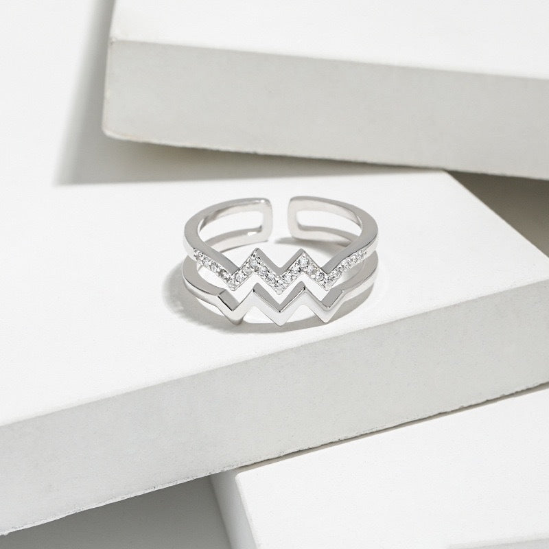 S925 Sterling Silver Wave Open Ring ECG Curve Design