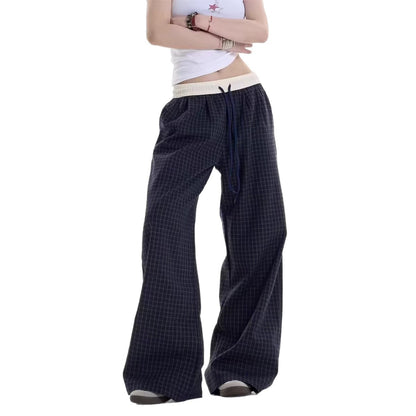 Navy Blue Checkered Casual Wide-Leg Pants
