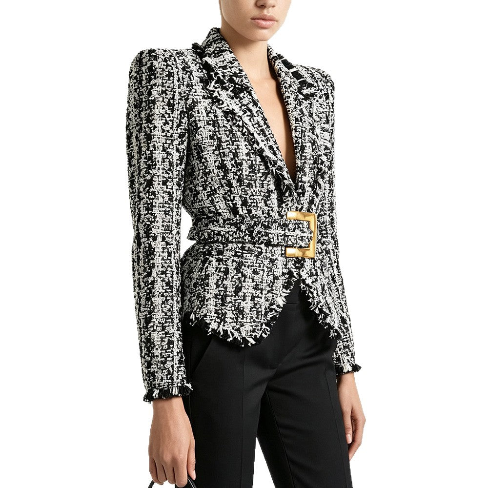 Women's Fringed Tweed Jacket Slim Fit Belted Suit Collar Long Sleeve Coat
