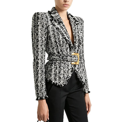 Women's Fringed Tweed Jacket Slim Fit Belted Suit Collar Long Sleeve Coat