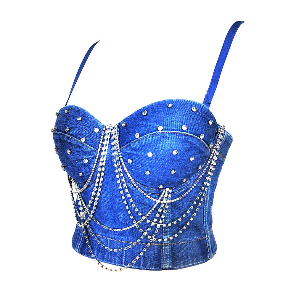 Fishbone Waistband Tube Top Rhinestone Chain Beaded Bustier Fashion Rock Denim Strap Outerwear Wrap Top