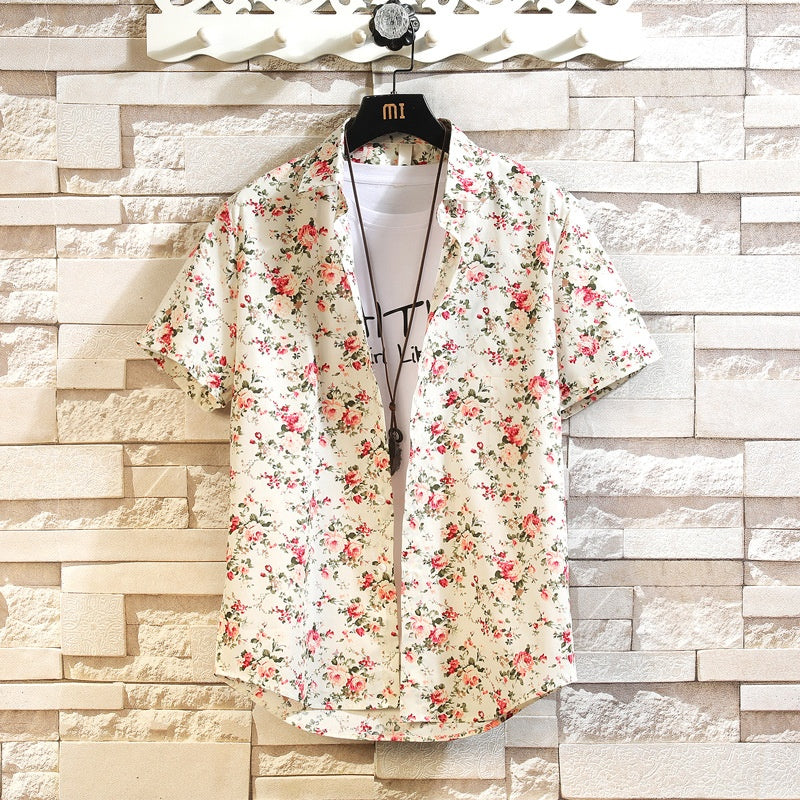 Cotton Men's  Trend Casual Floral Multi-color Beach Short Sleeve Shirt Wholesale