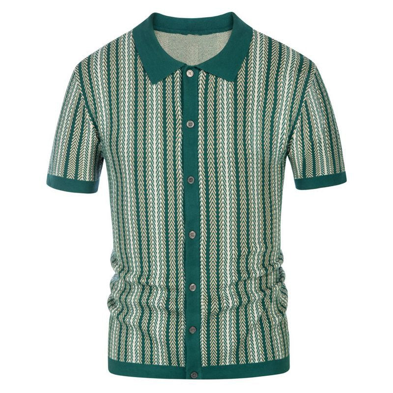 Short sleeved knitted sweater summer new striped jacquard business polo shirt Father's Day gift