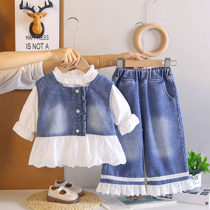 Cowboy skirt long sleeved three piece set baby and children's clothing