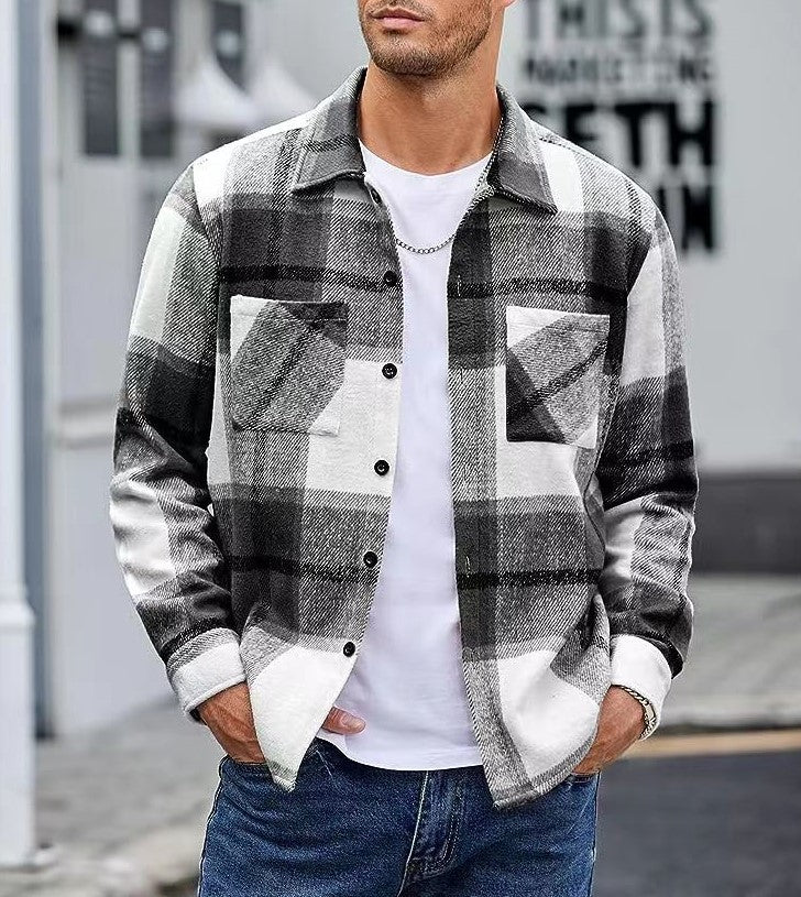 High-end Warm Plaid Men's Thickened Shirt Jacket for Autumn and Winter