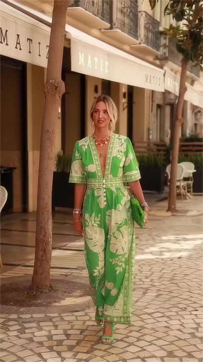 Printed V-Neck Short Sleeve Jumpsuit