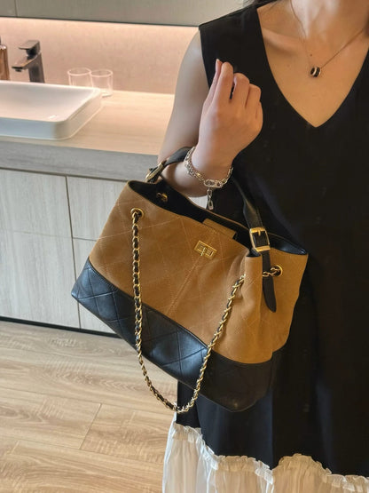 Tweed Style Suede Tote Bag with Chain Strap