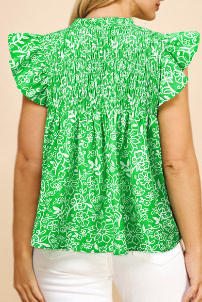 Groene blouse met bloemenprint en smockwerk in boho-stijl plus size