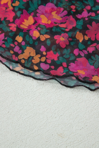 Roze Plus Size Bloemen Mesh Top met Korte Mouwen en Hoge Hals
