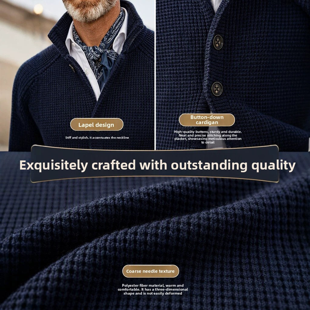 Mens Thick Knit Cardigan Sweater with Buttoned Lapel