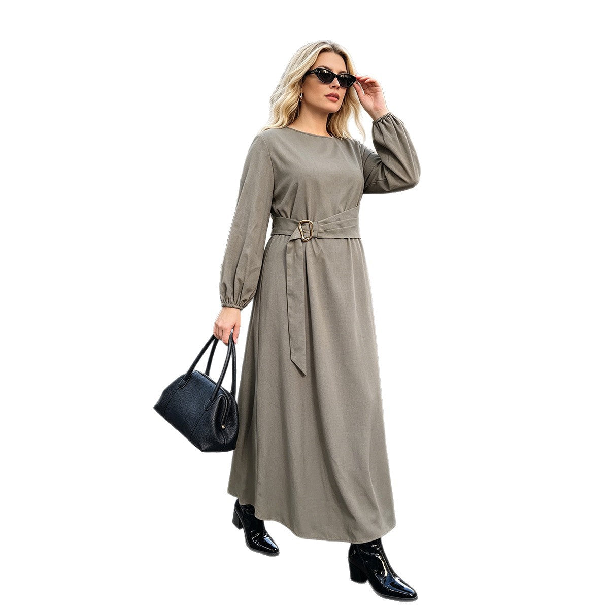 Elegant Solid Color Wrap Dress with Belt