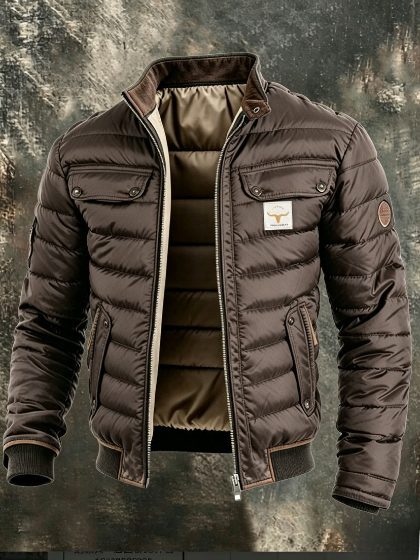 Men's Retro Quilted Zip-Up Jacket with Cotton Filling