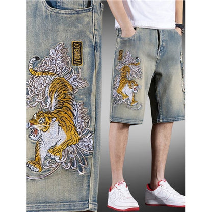 Chinese Style Tiger Embroidery Denim Shorts for Men
